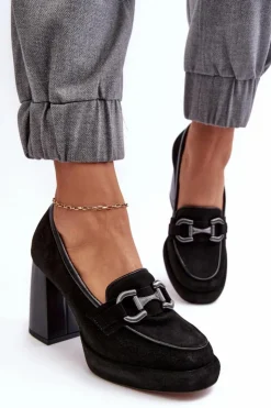 Laura Messi Czółenka Na Platformie|Czółenka Na Słupku*Skórzane Czółenka Na Masywnym Słupku 2706 Czarne