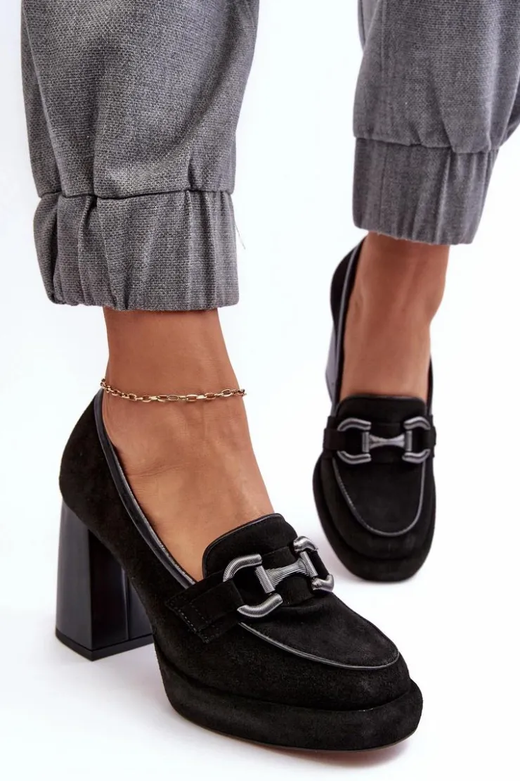 Laura Messi Czółenka Na Platformie|Czółenka Na Słupku*Skórzane Czółenka Na Masywnym Słupku 2706 Czarne