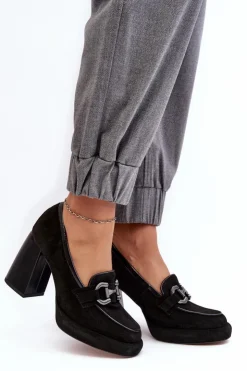 Laura Messi Czółenka Na Platformie|Czółenka Na Słupku*Skórzane Czółenka Na Masywnym Słupku 2706 Czarne