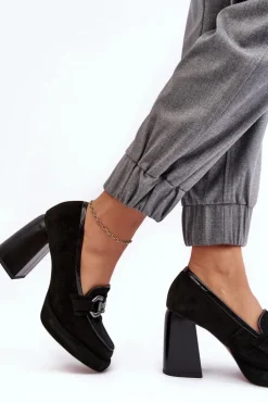 Laura Messi Czółenka Na Platformie|Czółenka Na Słupku*Skórzane Czółenka Na Masywnym Słupku 2706 Czarne