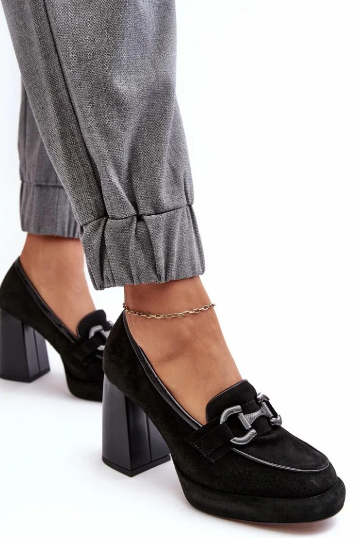 Laura Messi Czółenka Na Platformie|Czółenka Na Słupku*Skórzane Czółenka Na Masywnym Słupku 2706 Czarne