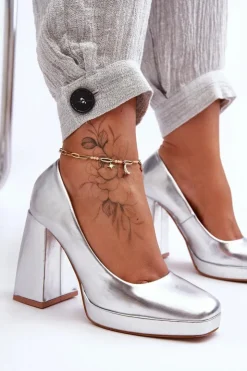 Hot Boto Skórzane Czółenka Na Masywnym Obcasie Srebrne Rosalia