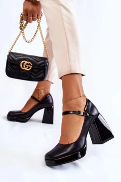 Damskie Boto Skórzane Czółenka Na Masywnym Obcasie Czarne Tina