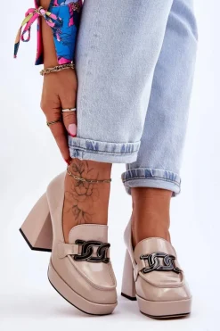 Damskie Damskie buty S.Barski Skórzane Czółenka Na Masywnym Obcasie Beżowe Maximo