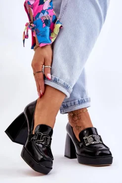 Clearance Damskie buty S.Barski Skórzane Czółenka Na Masywnym Obcasie Czarne Maximo