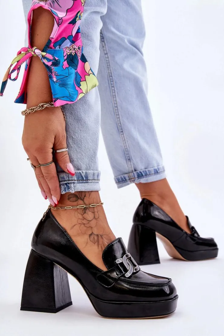 Clearance Damskie buty S.Barski Skórzane Czółenka Na Masywnym Obcasie Czarne Maximo