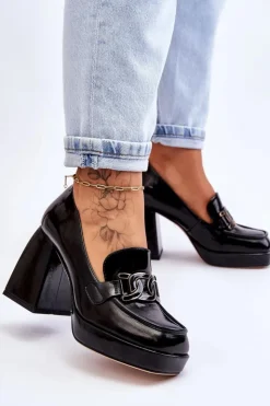 Clearance Damskie buty S.Barski Skórzane Czółenka Na Masywnym Obcasie Czarne Maximo