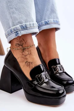 Clearance Damskie buty S.Barski Skórzane Czółenka Na Masywnym Obcasie Czarne Maximo