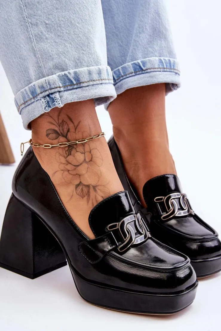 Clearance Damskie buty S.Barski Skórzane Czółenka Na Masywnym Obcasie Czarne Maximo