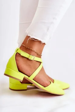 Damskie Boto Skórzane Czółenka Na Niskim Obcasie Żółte Giovanna