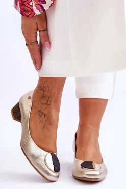 Damskie Maciejka Skórzane Czółenka Na Niskim Obcasie 05960-25 Złote