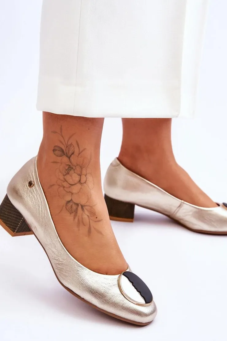 Damskie Maciejka Skórzane Czółenka Na Niskim Obcasie 05960-25 Złote