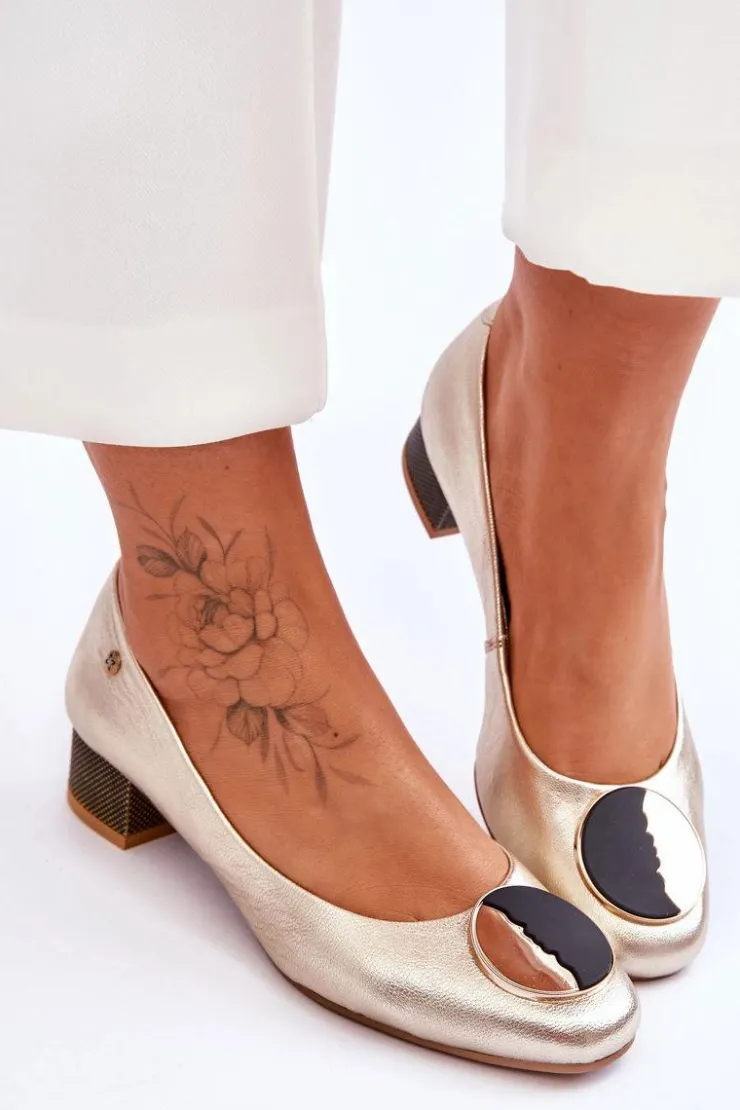 Damskie Maciejka Skórzane Czółenka Na Niskim Obcasie 05960-25 Złote