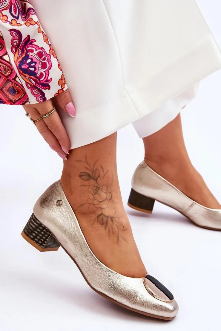 Damskie Maciejka Skórzane Czółenka Na Niskim Obcasie 05960-25 Złote