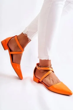 Boto Czółenka Na Słupku*Skórzane Czółenka Na Niskim Obcasie Pomarańczowe Giovanna