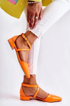 Boto Czółenka Na Słupku*Skórzane Czółenka Na Niskim Obcasie Pomarańczowe Giovanna