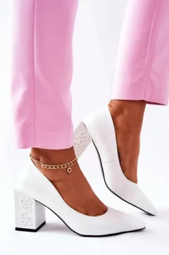 Discount Damskie buty S.Barski Skórzane Czółenka Na Słupku Białe Cherith