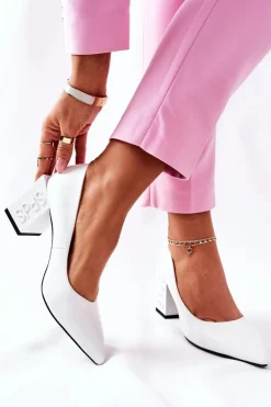 Discount Damskie buty S.Barski Skórzane Czółenka Na Słupku Białe Cherith