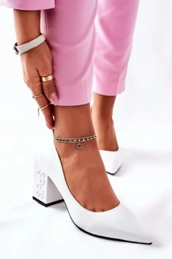 Discount Damskie buty S.Barski Skórzane Czółenka Na Słupku Białe Cherith