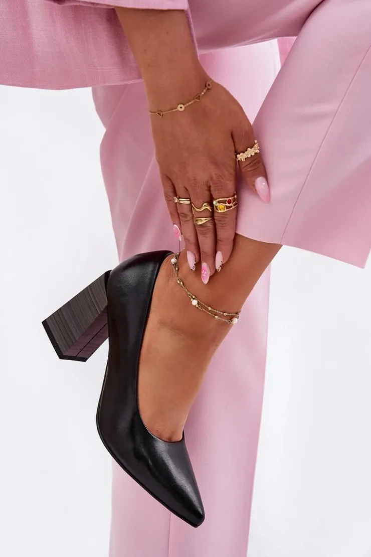 Evento Czółenka Na Słupku|Czółenka Klasyczne*Skórzane Czółenka Na Słupku Czarne Gregosa