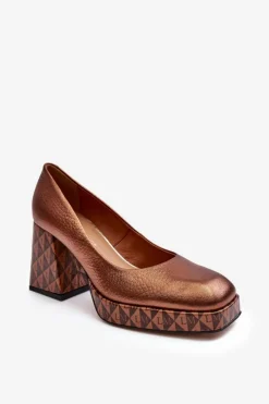 Damskie Laura Messi Skórzane Czółenka Na Słupku 259/819-821 Miedziane
