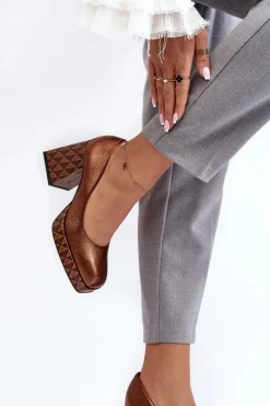 Damskie Laura Messi Skórzane Czółenka Na Słupku 259/819-821 Miedziane