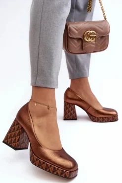 Damskie Laura Messi Skórzane Czółenka Na Słupku 259/819-821 Miedziane