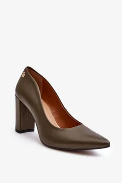 Damskie Laura Messi Skórzane Czółenka Na Słupku 2624/227 Ciemnozielone