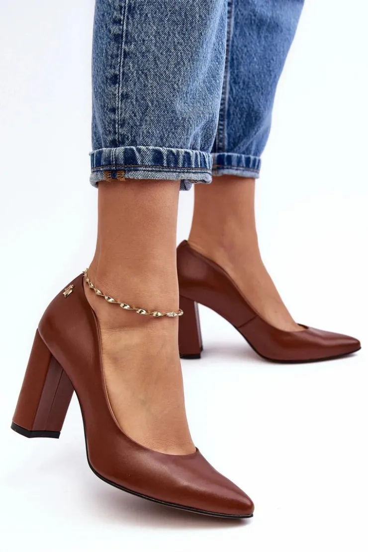 Clearance Laura Messi Skórzane Czółenka Na Słupku 2624/237 Brązowe