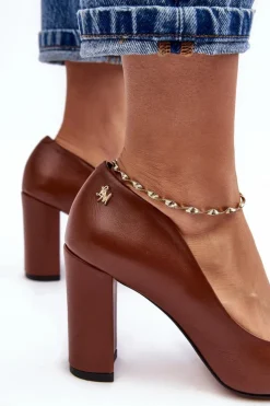 Clearance Laura Messi Skórzane Czółenka Na Słupku 2624/237 Brązowe