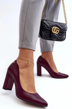 Damskie Laura Messi Skórzane Czółenka Na Słupku 2624/228 Bordowe