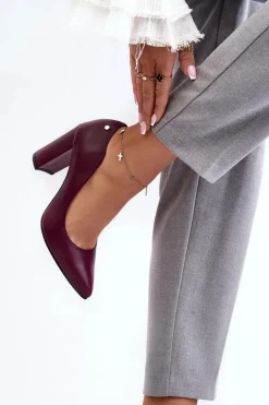 Damskie Laura Messi Skórzane Czółenka Na Słupku 2624/228 Bordowe