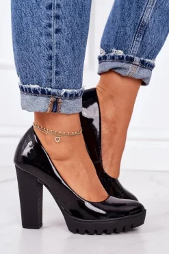 Clearance Maciejka Skórzane Czółenka Na Słupku 02629-05 Lakierowane Czarne