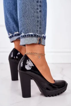 Clearance Maciejka Skórzane Czółenka Na Słupku 02629-05 Lakierowane Czarne