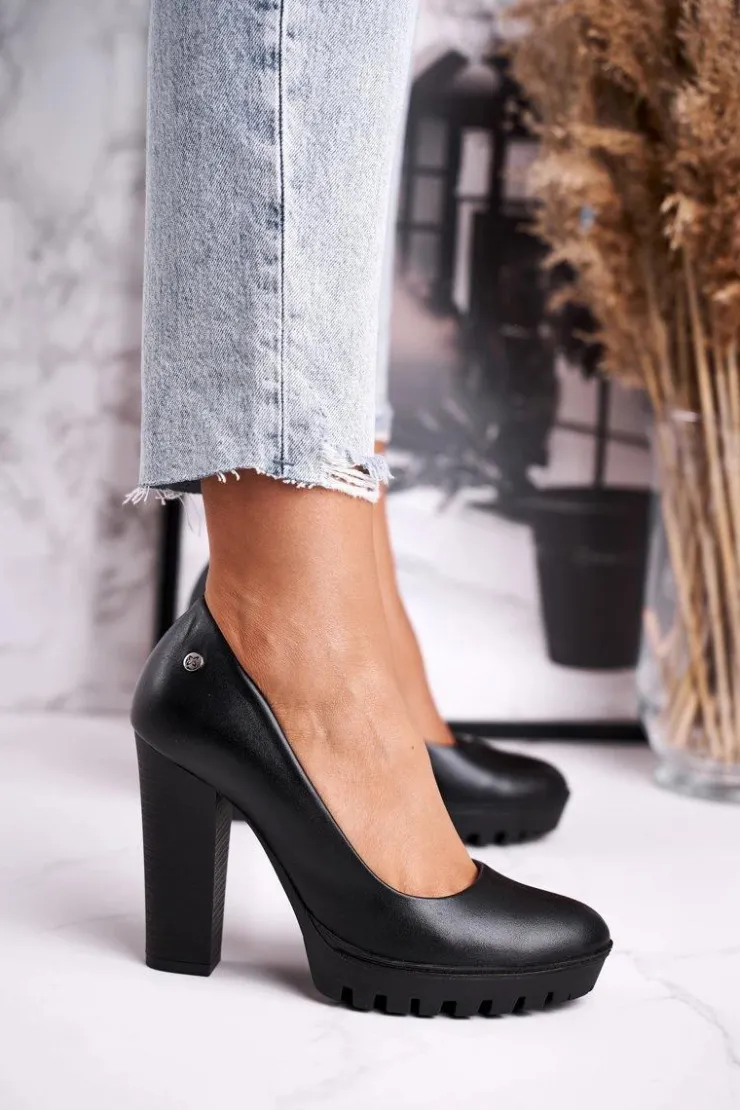 Best Maciejka Skórzane Czółenka Na Słupku 02629-01 Czarne Czarny