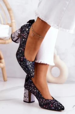 Damskie Maciejka Skórzane Czółenka Na Słupku 05334-15 Granatowe