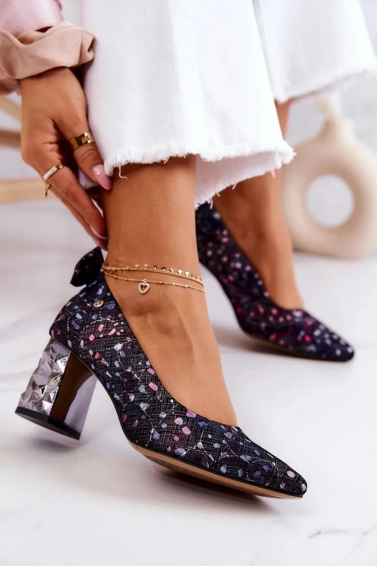 Damskie Maciejka Skórzane Czółenka Na Słupku 05334-15 Granatowe