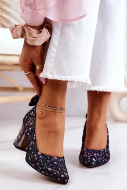 Damskie Maciejka Skórzane Czółenka Na Słupku 05334-15 Granatowe