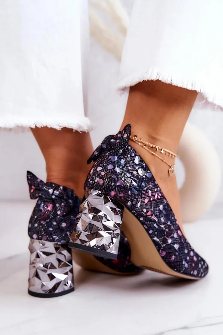 Damskie Maciejka Skórzane Czółenka Na Słupku 05334-15 Granatowe