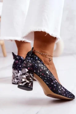 Damskie Maciejka Skórzane Czółenka Na Słupku 05334-15 Granatowe