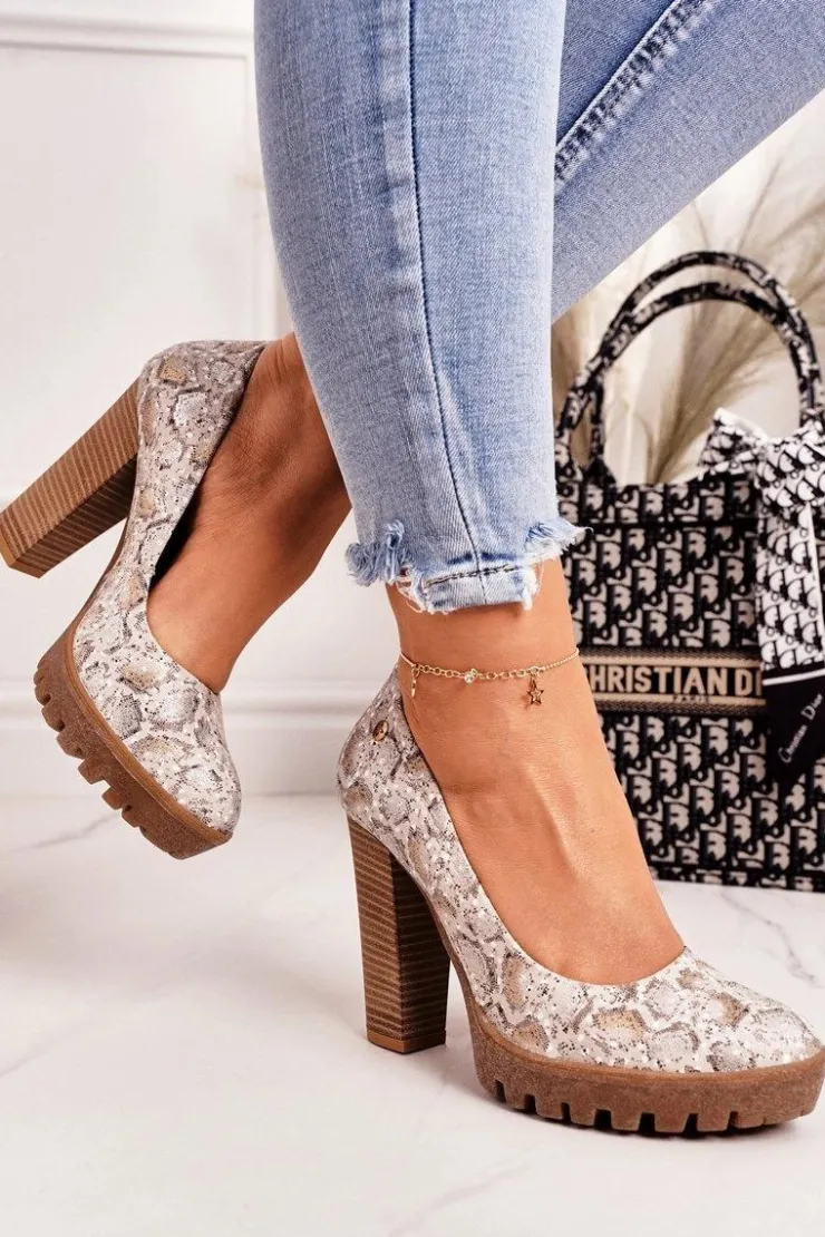 Damskie Maciejka Skórzane Czółenka Na Słupku 02629-25 Złoto-Beżowe