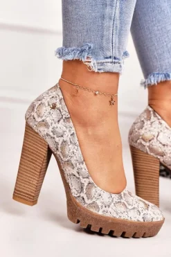 Damskie Maciejka Skórzane Czółenka Na Słupku 02629-25 Złoto-Beżowe