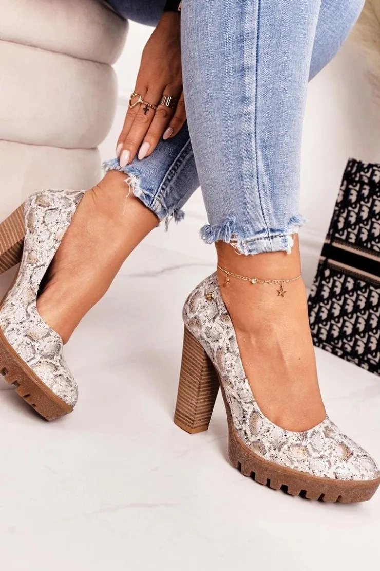 Damskie Maciejka Skórzane Czółenka Na Słupku 02629-25 Złoto-Beżowe