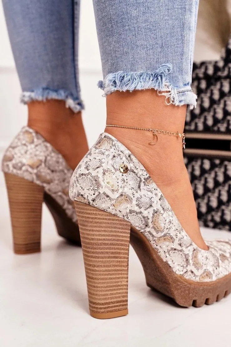 Damskie Maciejka Skórzane Czółenka Na Słupku 02629-25 Złoto-Beżowe