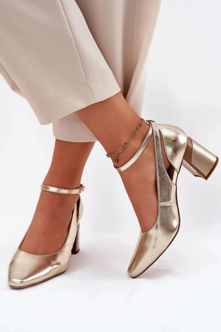 Maciejka Skórzane Czółenka Na Słupku K6816-25 Złote