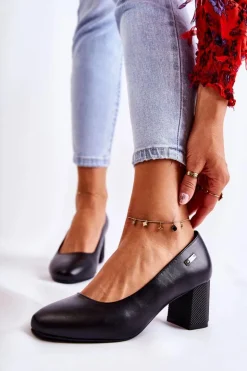 Buty Sergio Leone Czółenka Na Słupku*Skórzane Czółenka Na Słupku Sergio Leone PB178 Czarne