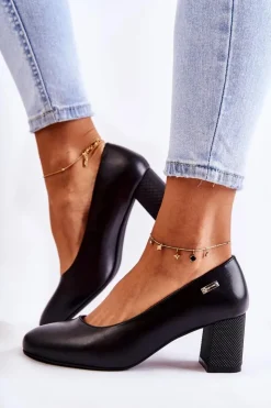 Buty Sergio Leone Czółenka Na Słupku*Skórzane Czółenka Na Słupku Sergio Leone PB178 Czarne