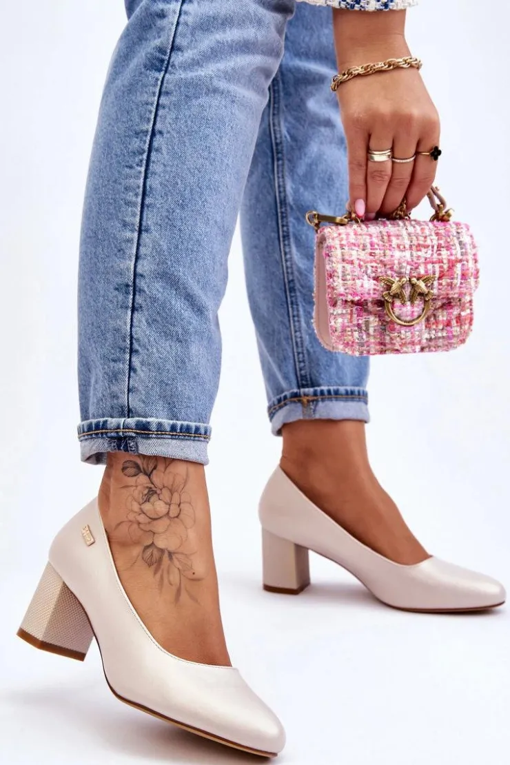 New Buty Sergio Leone Skórzane Czółenka Na Słupku Sergio Leone PB178 Perła Beżowe