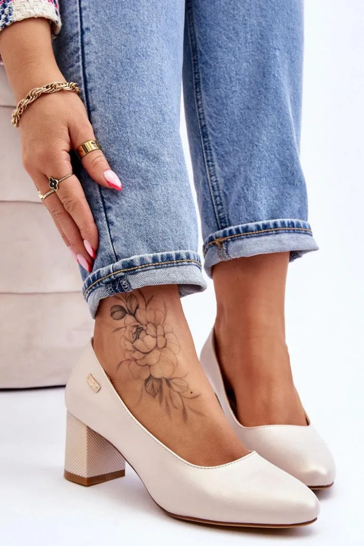 New Buty Sergio Leone Skórzane Czółenka Na Słupku Sergio Leone PB178 Perła Beżowe