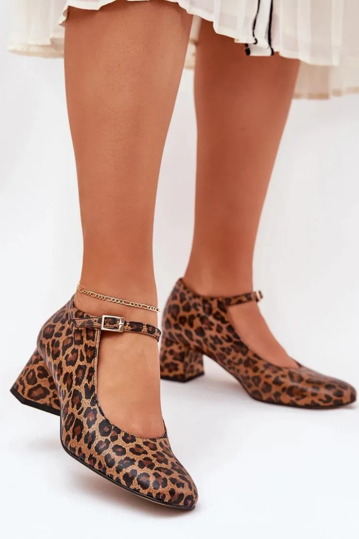 Sale Laura Messi Skórzane Czółenka Na Słupku W Panterkę 2936 Brązowe